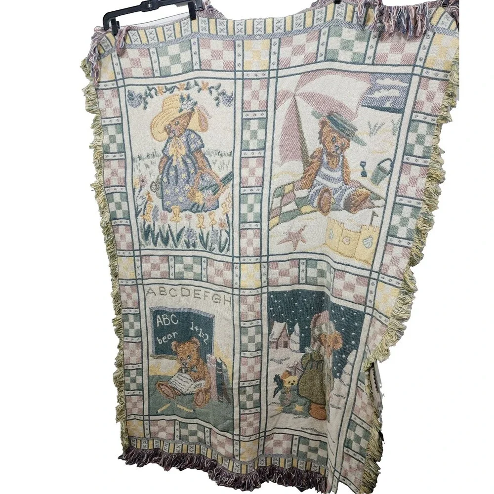 Vintage Teddy Bear Woven Tapestry Throw Blanket Fringe Farmhouse Country 66x48